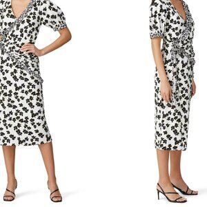 Black and White Floral Wrap Dress V-Neck Puff Sleeves by Love Whit
